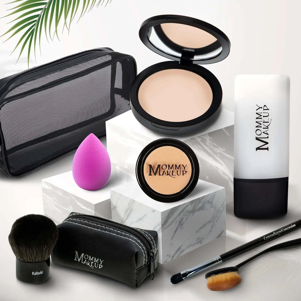 Black and white mommy makeup compact powder case with mirrored lid containing beige pressed powder for talc-free foundation use