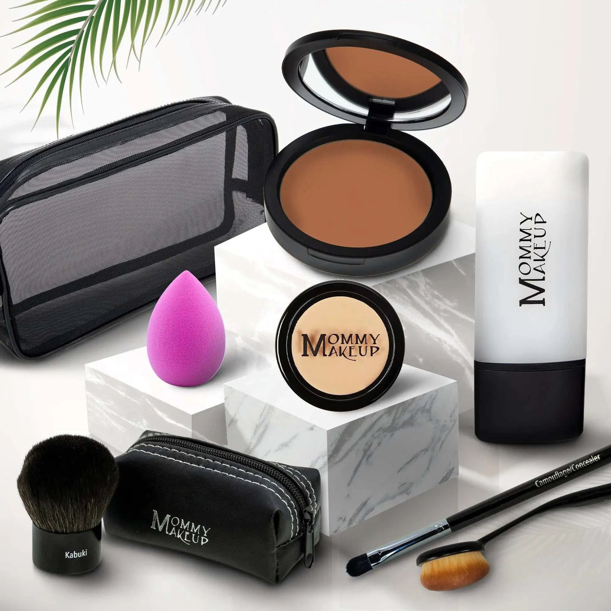 Black and white mommy makeup compact powder case with beige talc-free foundation for glamorous complete coverage