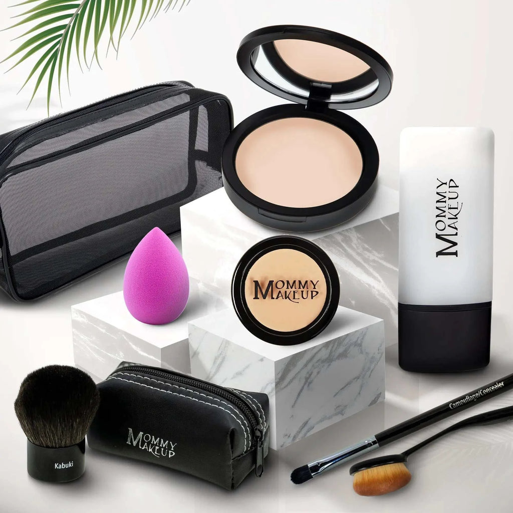 Black and white mommy makeup compact powder with mirror featuring beige talc-free foundation for glamorous complete coverage