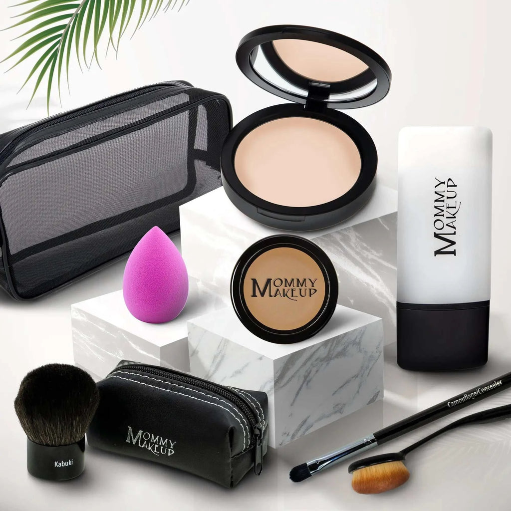 Black compact powder case with mirrored lid containing beige pressed powder from talc-free foundation 8-piece makeup set