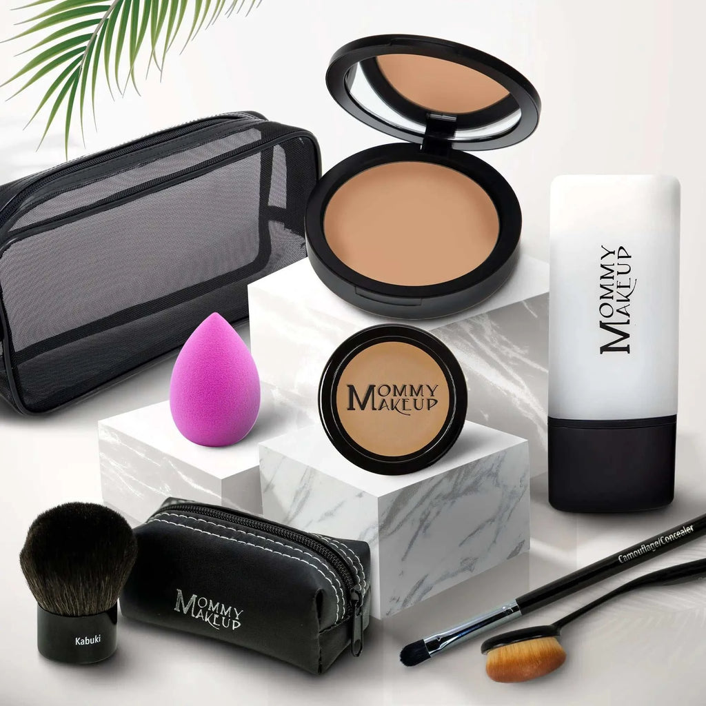 Vibrant pink silicone beauty blender included in talc-free foundation 8-piece makeup set for glamorous complete coverage