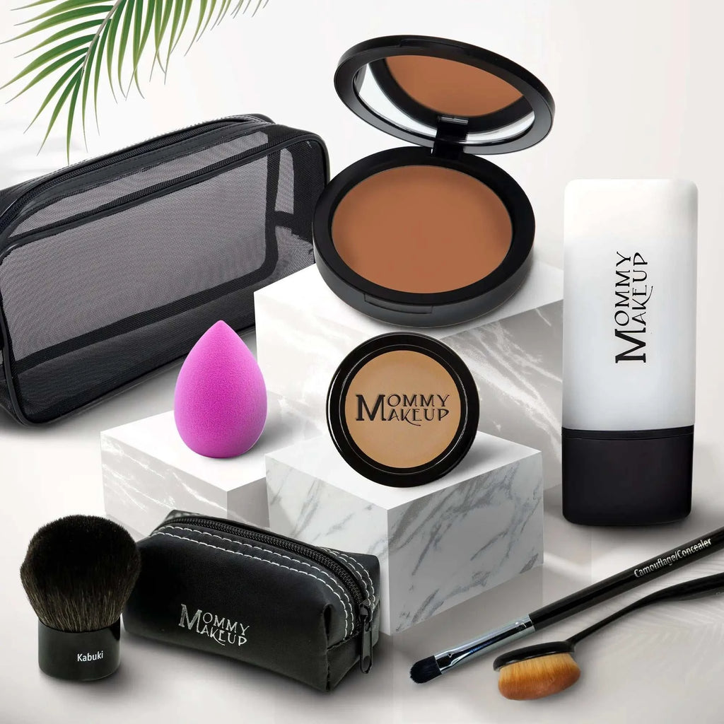 Black mesh makeup bag with white stitching and mommy makeup branding for talc-free foundation 8-piece makeup set