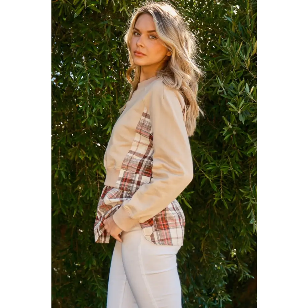 Elevate your wardrobe with luxury double-layered plaid sweatshirt $73.32 the double-layered plaid contrast sweatshirt