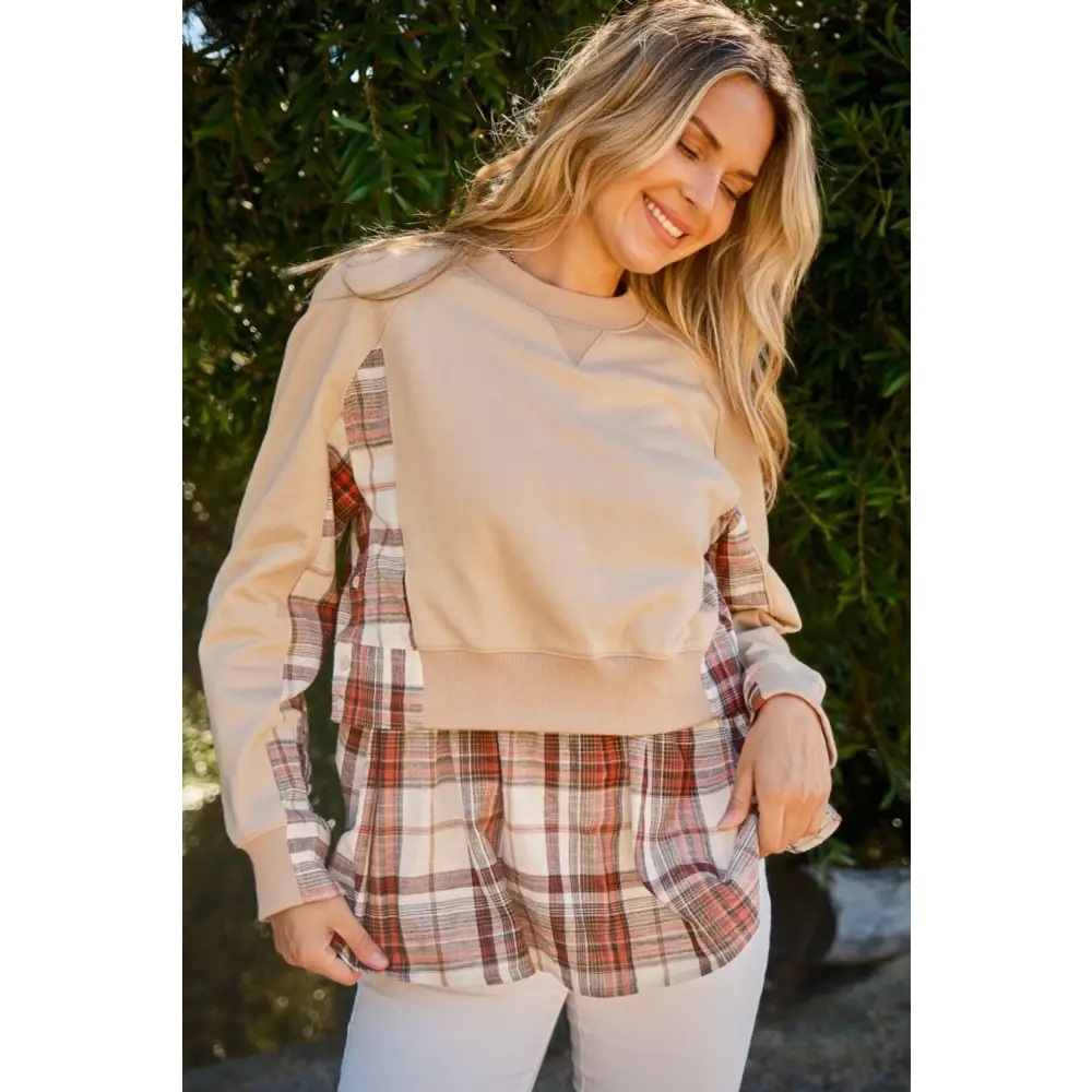 Elevate your wardrobe with luxury double-layered plaid sweatshirt $73.32 the double-layered plaid contrast sweatshirt