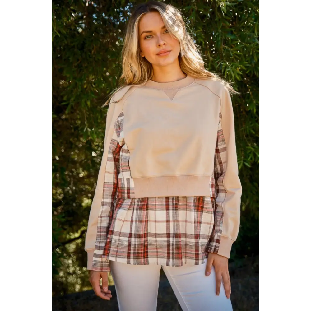 Elevate your wardrobe with luxury double-layered plaid sweatshirt $73.32 the double-layered plaid contrast sweatshirt