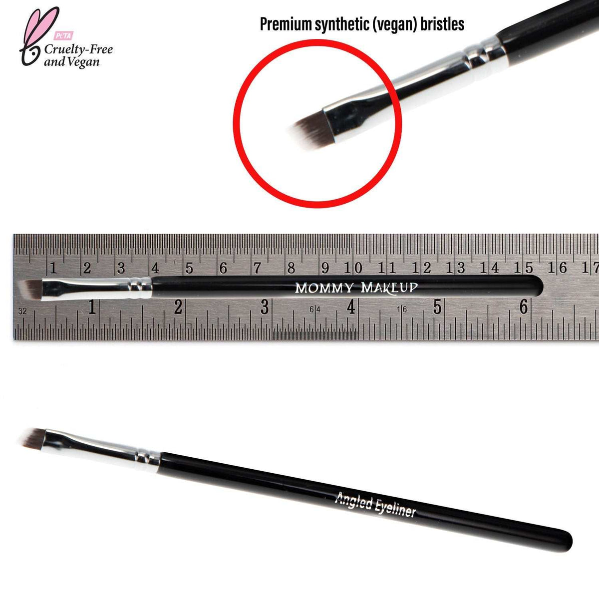 Angled Eyeliner Brush with black handle and premium synthetic bristles shown next to a ruler for size reference