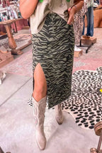 Animal Print Side Split green and black patterned midi skirt with a side slit and buttoned front worn with beige boots