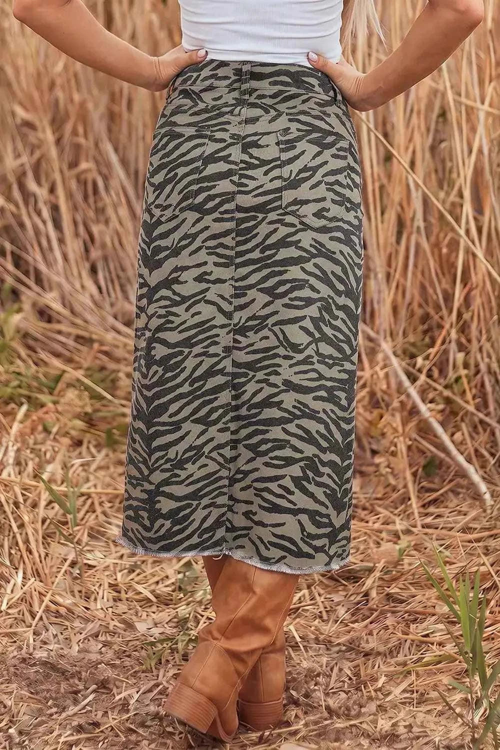 Animal Print Side Split midi skirt in green and black tiger pattern with frayed hem and back waistband detail