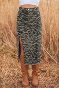 Animal Print Side Split midi skirt in green and black tiger pattern with buttoned front and frayed hem worn with brown boots