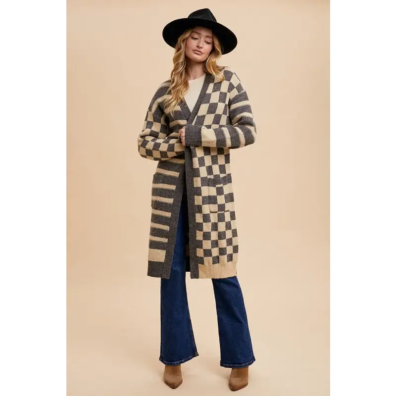 Annie wear timeless open front cardigan for luxury fashion for women $64.99 the checkered & striped open front long