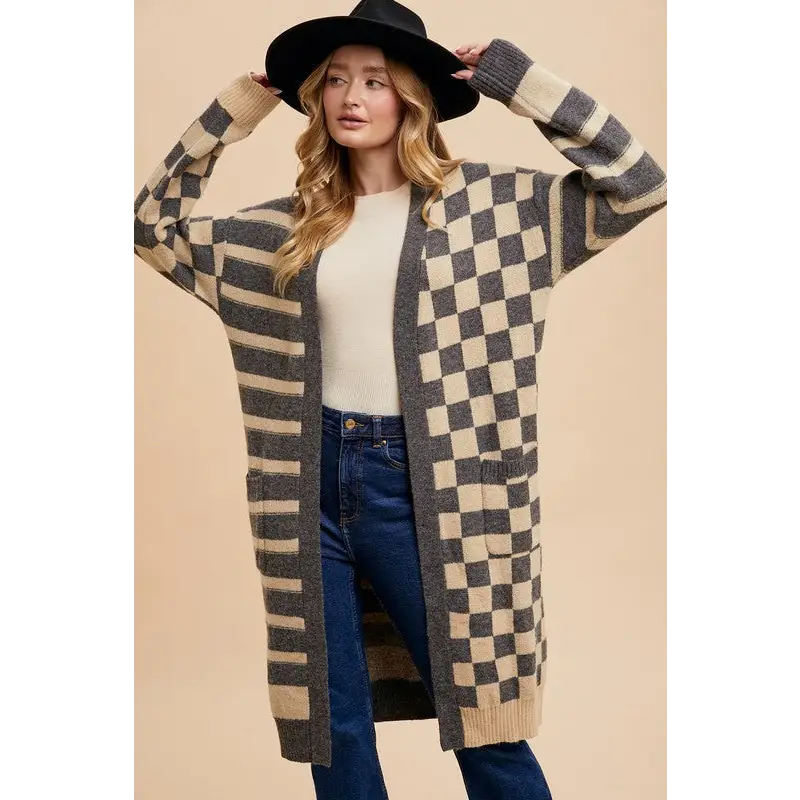 Annie wear timeless open front cardigan for luxury fashion for women $64.99 the checkered & striped open front long