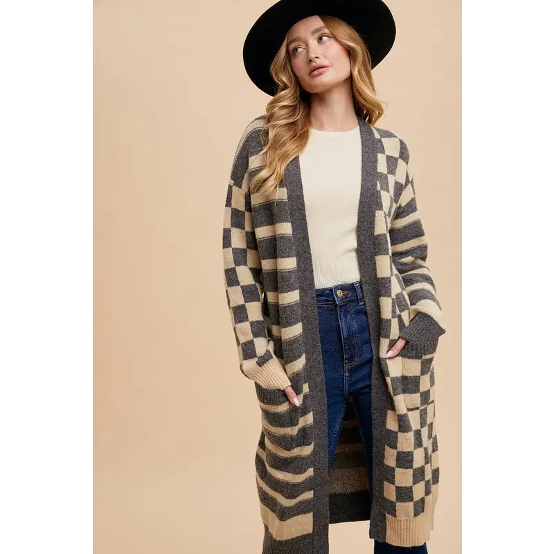 Annie wear timeless open front cardigan for luxury fashion for women $64.99 the checkered & striped open front long