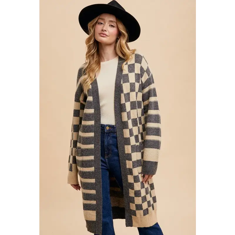 Annie wear timeless open front cardigan for luxury fashion for women $64.99 the checkered & striped open front long