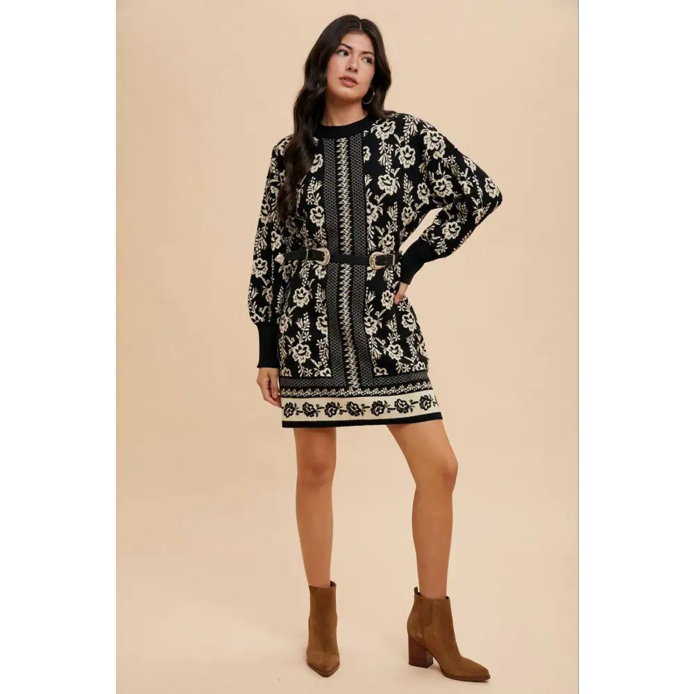 Annie wear floral jacquard sweater dress in luxury fashion for woman $50 a floral jacquard round neck sweater dress