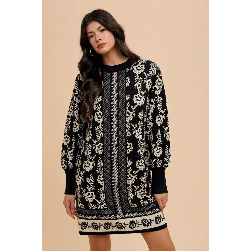 Annie wear floral jacquard sweater dress in luxury fashion for woman $50 a floral jacquard round neck sweater dress