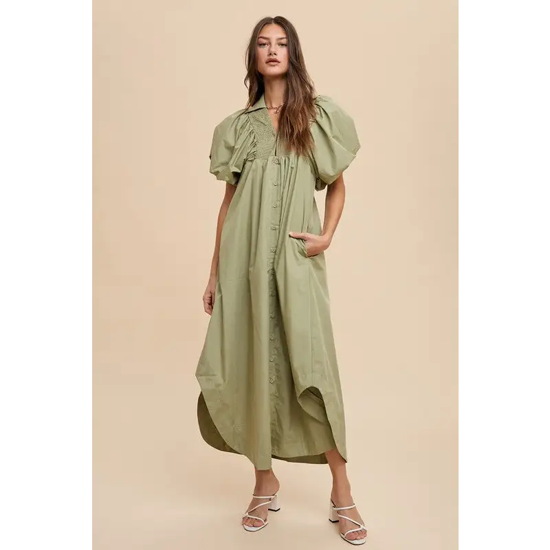 Annie wear smocked puff sleeve midi dress in luxury fashion for women $71.99 the smocked puff sleeve midi dress