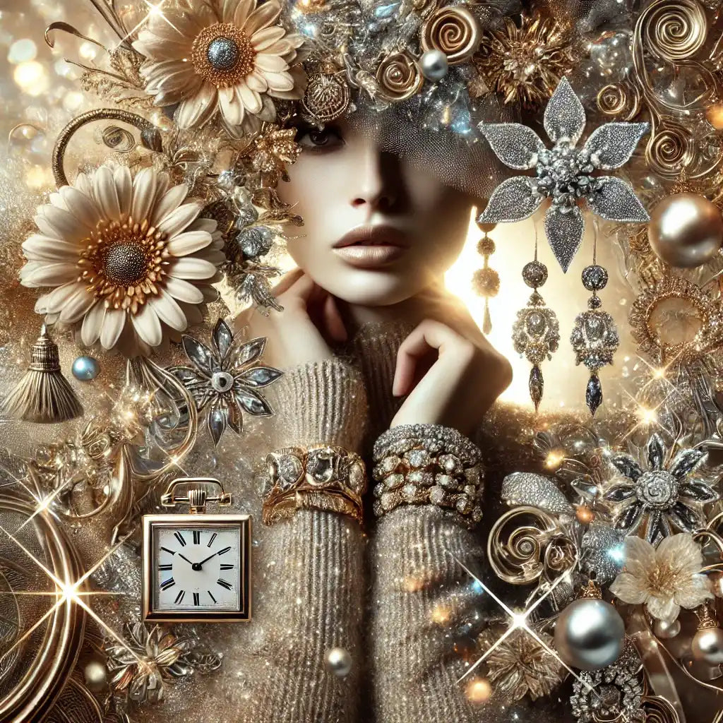 Artistic fantasy portrait adorned with ornate jewelry, metallic flowers, clock elements, and shimmering decorative details.