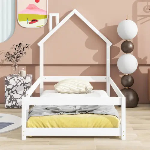 Charming twin size bed with house-shaped headboard for stylish safety