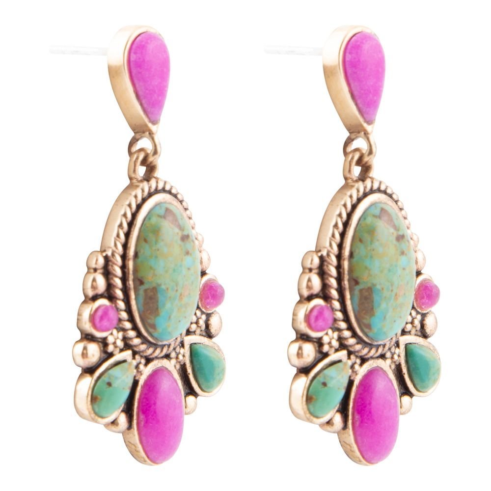 Barcelona Blue Turquoise and Pink Agate Golden Drop Earrings - Maven Couture IncEarrings