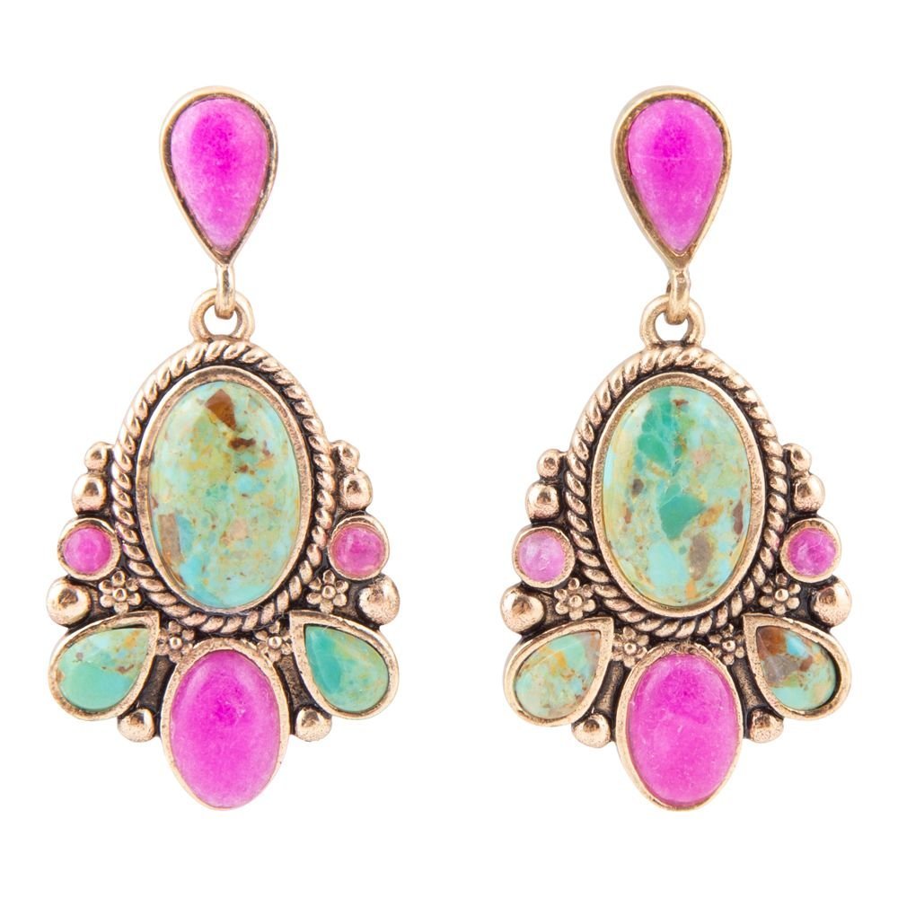 Barcelona Blue Turquoise and Pink Agate Golden Drop Earrings - Maven Couture IncEarrings