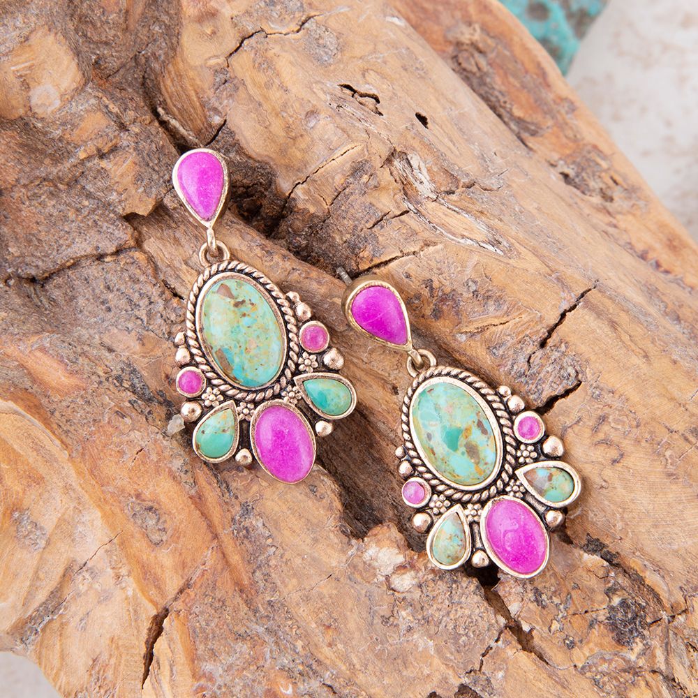 Barcelona Blue Turquoise and Pink Agate Golden Drop Earrings - Maven Couture IncEarrings