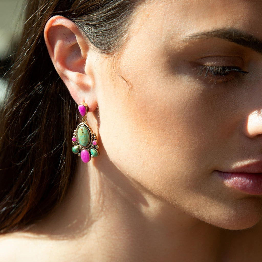 Barcelona Blue Turquoise and Pink Agate Golden Drop Earrings - Maven Couture IncEarrings