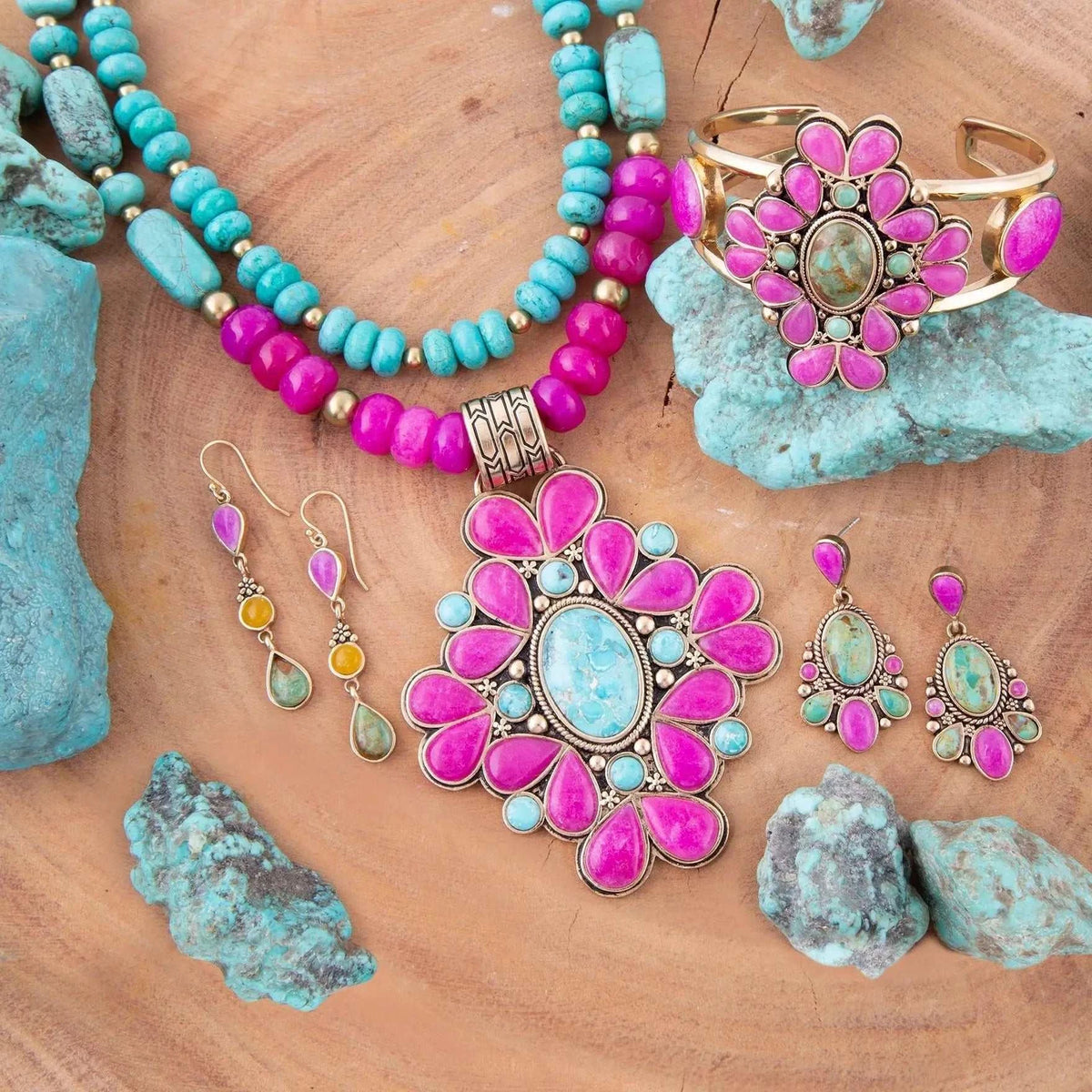 Barcelona Pink Agate and Blue Turquoise Statement Cuff Bracelet - Maven Couture IncBracelets