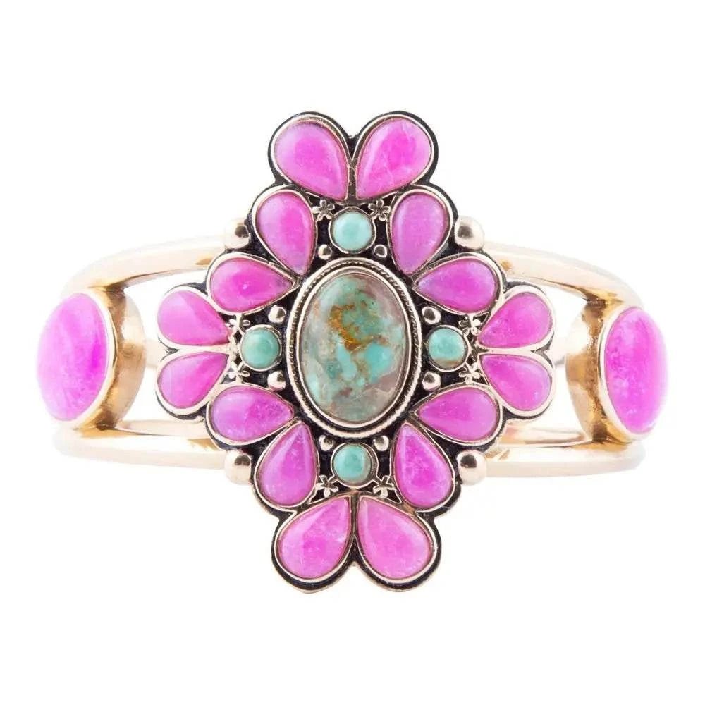 Barcelona Pink Agate and Blue Turquoise Statement Cuff Bracelet - Maven Couture IncBracelets