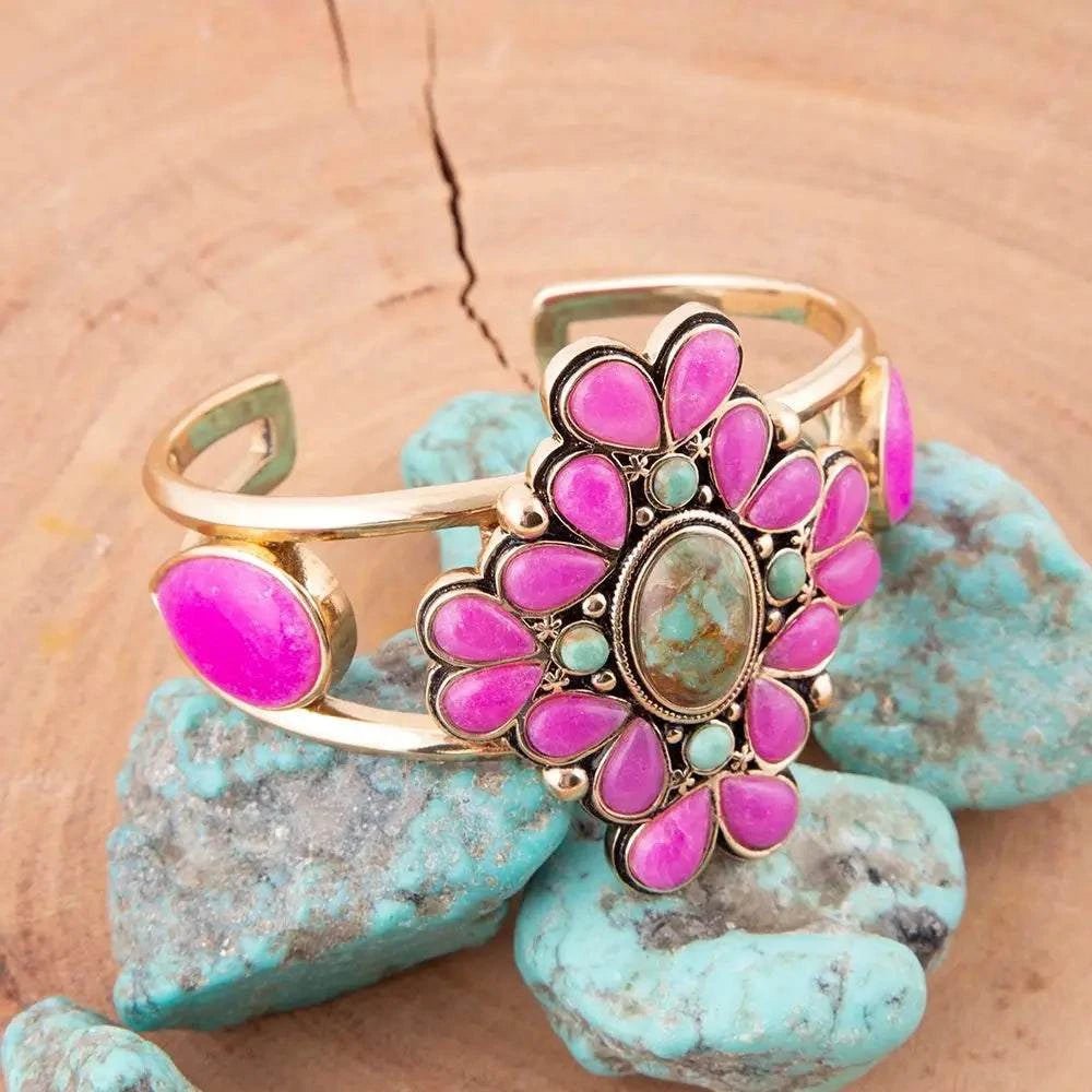 Barcelona Pink Agate and Blue Turquoise Statement Cuff Bracelet - Maven Couture IncBracelets