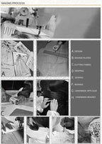 Black and white collage showing detailed steps in making a beach wedding dress including design, fabric cutting, sewing, ironing, and hand-applique work