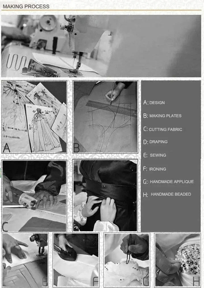 Black and white collage showing detailed steps in making a beach wedding dress including design, fabric cutting, sewing, ironing, and hand-applique work
