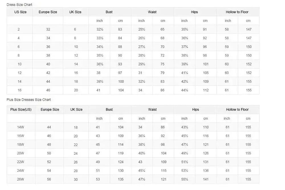 Size chart for beach wedding dress with measurements for bust, waist, hips, and hollow to floor in various US and Europe sizes
