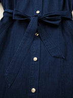 Belted Button-Down dark blue denim dress with gold buttons and tied waist belt detail in 100% cotton