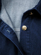 Belted Button-Down dark blue denim dress featuring gold-tone buttons and buttoned collar in 100% cotton fabric