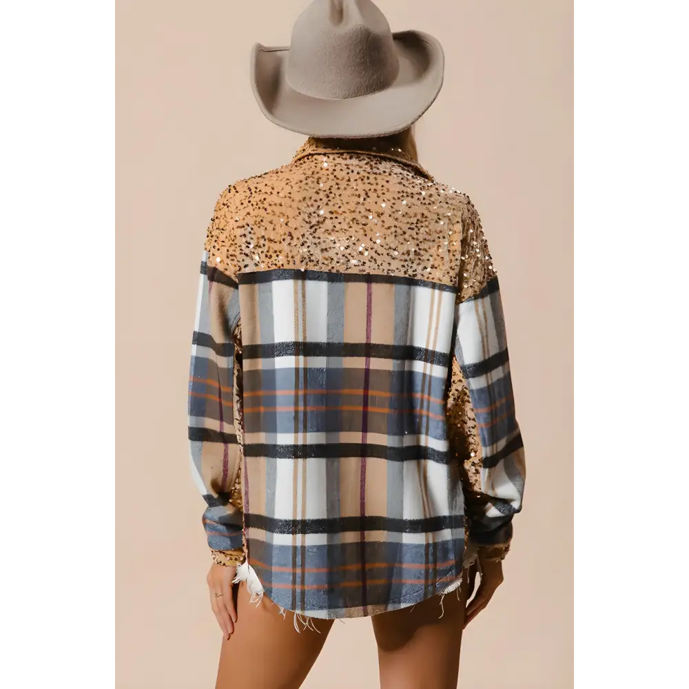 Chic sequin plaid shacket elevates luxury fashion for women $69.60 introducing the curved hem sequin plaid button up