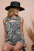 BiBi Zebra Printed Rib sleeveless top with black and white zebra stripes, ribbed polyester fabric and front cut-out detail