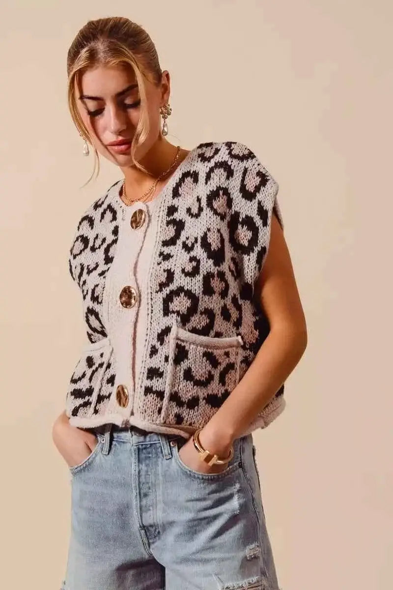Leopard print knitted sweater vest with beige base, featuring Big Metal Button front closure and two front pockets