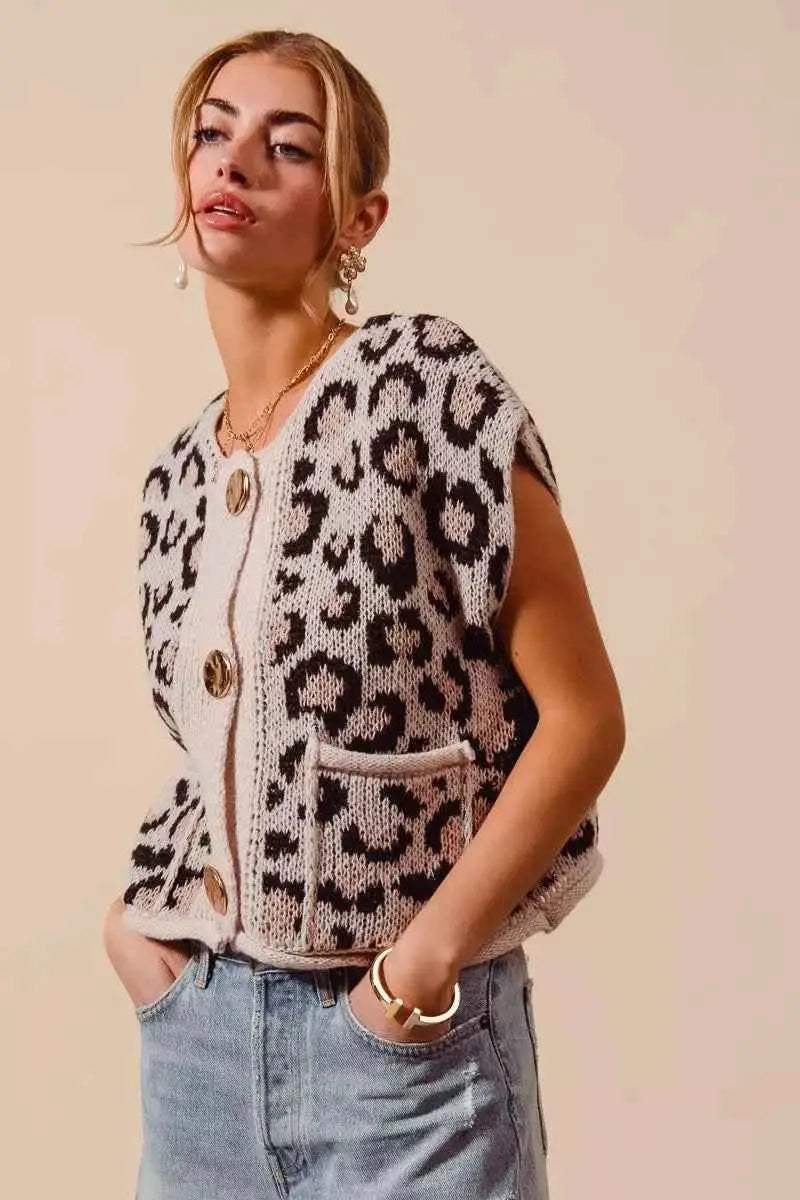 Leopard print knitted sweater vest with Big Metal Button front closure and front pockets in beige and dark brown tones