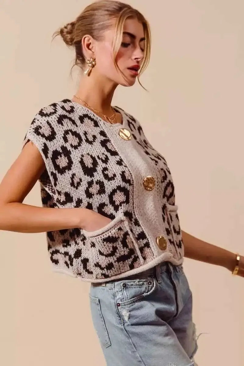 Big Metal Button front leopard print sweater vest top in beige and black knit with large metallic buttons and patch pockets