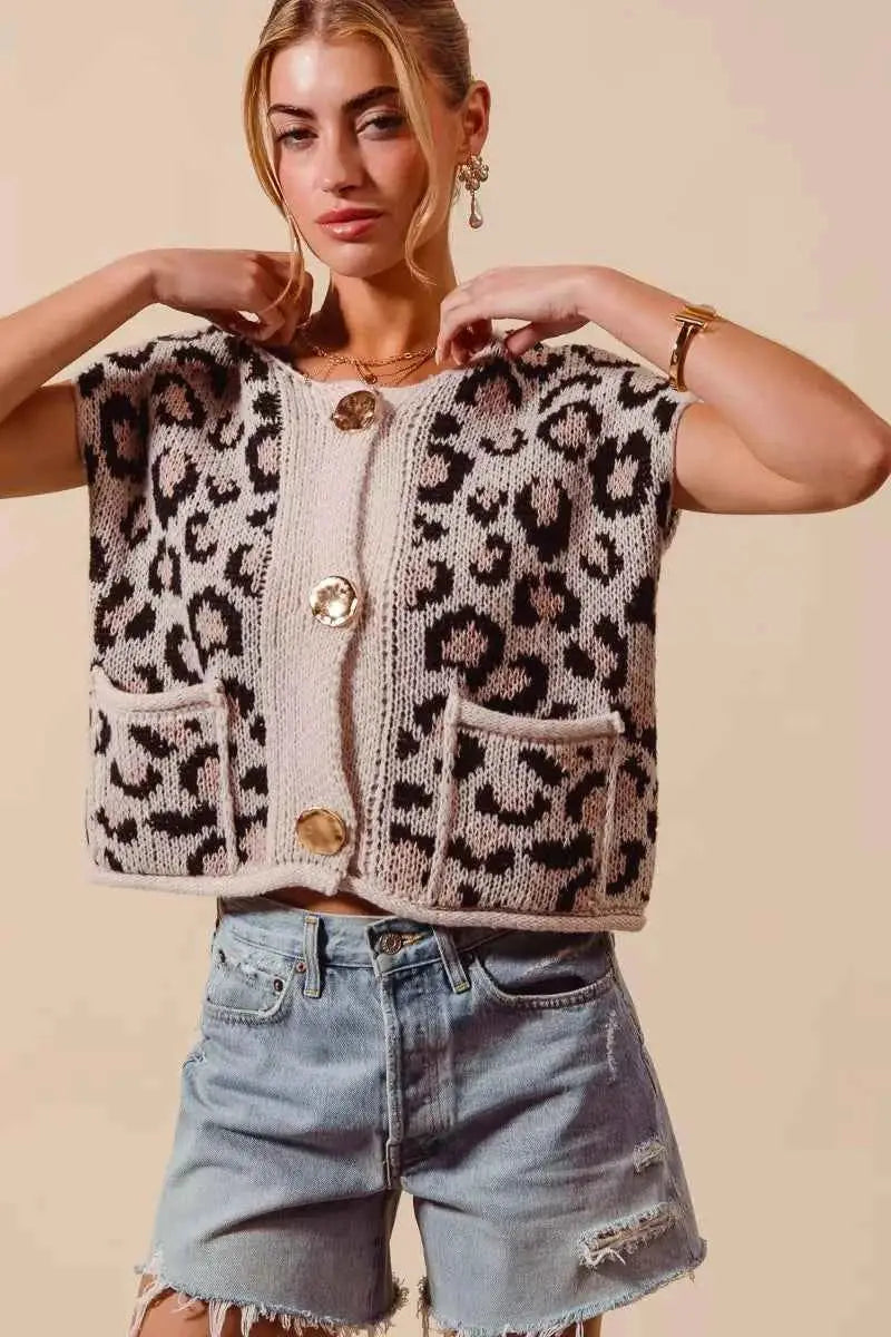 Leopard print sweater vest top in beige and brown knit with large Big Metal Button front closures and front pockets