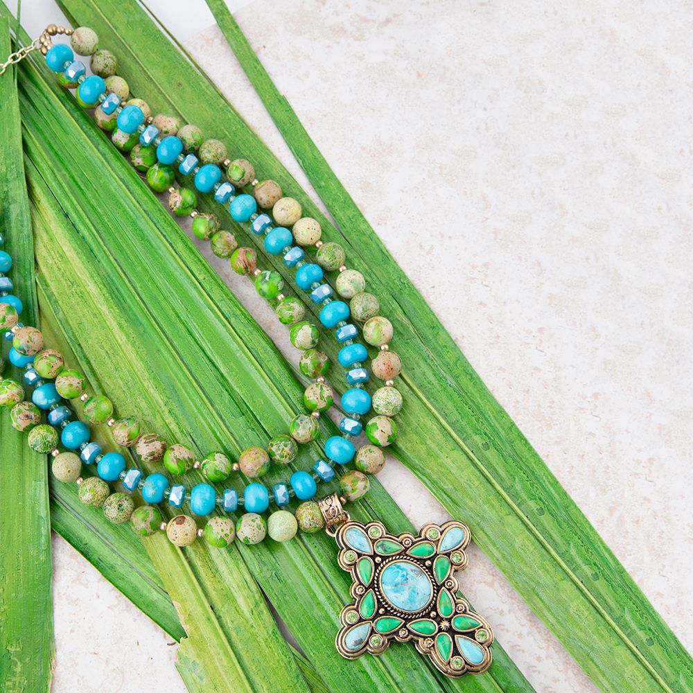 Legacy Lime Green and Blue Turquoise Golden Cross Pendant Statement Necklace - Maven Couture IncNecklace