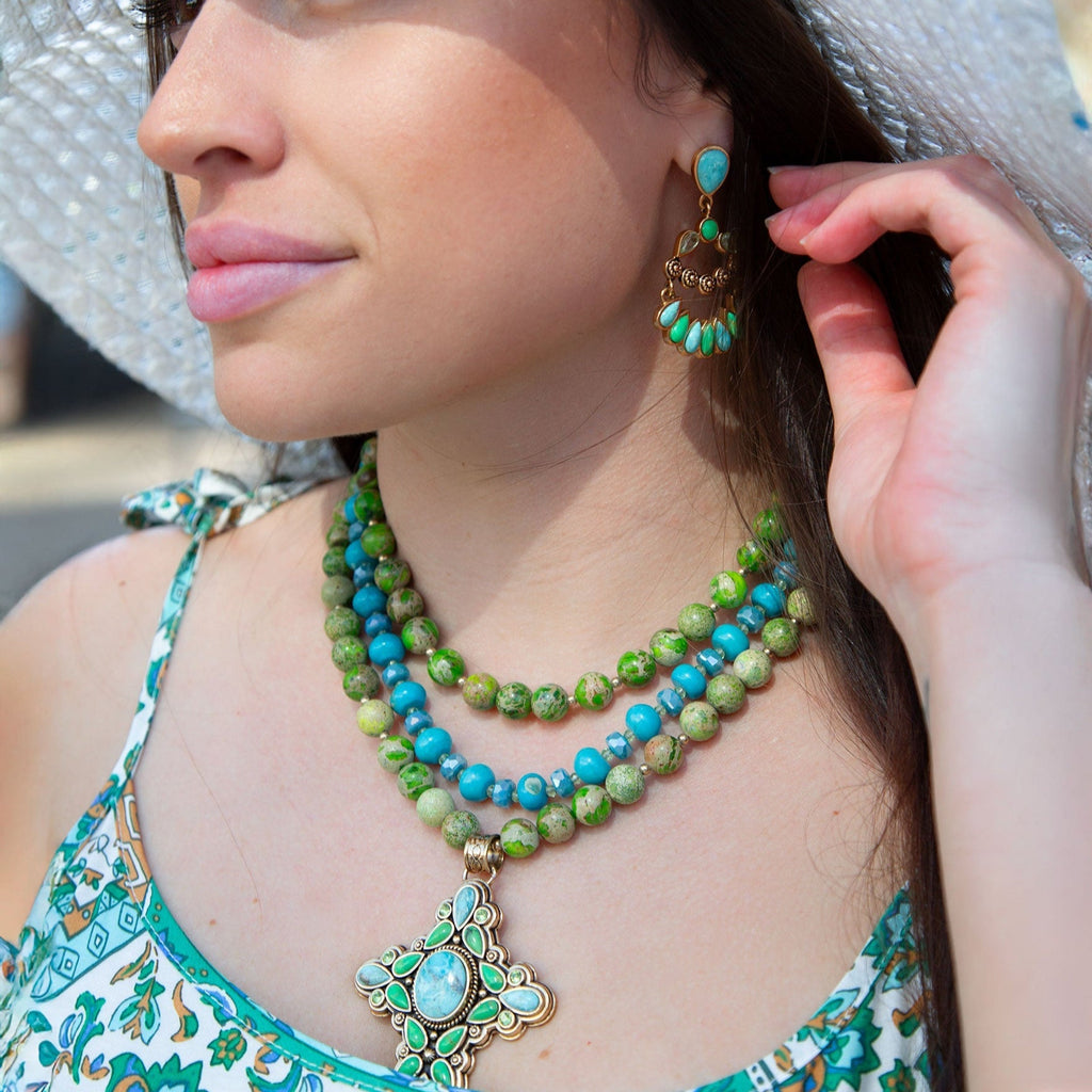 Legacy Lime Green and Blue Turquoise Golden Cross Pendant Statement Necklace - Maven Couture IncNecklace