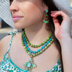 Legacy Lime Green and Blue Turquoise Golden Cross Pendant Statement Necklace - Maven Couture IncNecklace