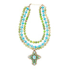Legacy Lime Green and Blue Turquoise Golden Cross Pendant Statement Necklace - Maven Couture IncNecklace