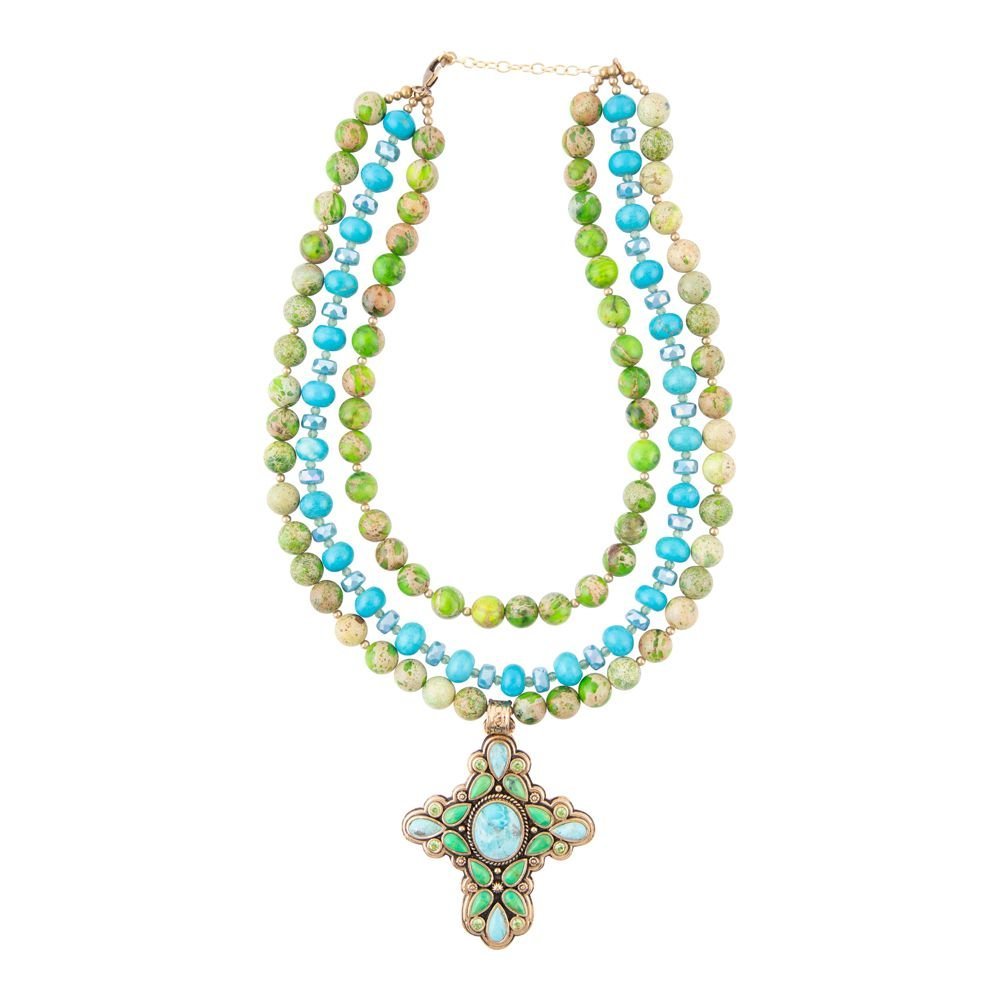 Legacy Lime Green and Blue Turquoise Golden Cross Pendant Statement Necklace - Maven Couture IncNecklace