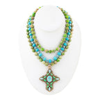 Legacy Lime Green and Blue Turquoise Golden Cross Pendant Statement Necklace - Maven Couture IncNecklace