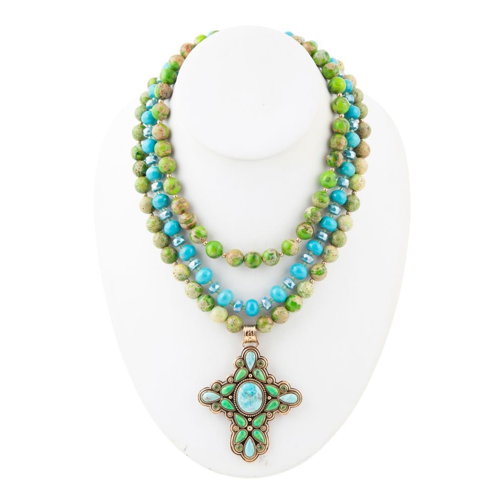 Legacy Lime Green and Blue Turquoise Golden Cross Pendant Statement Necklace - Maven Couture IncNecklace