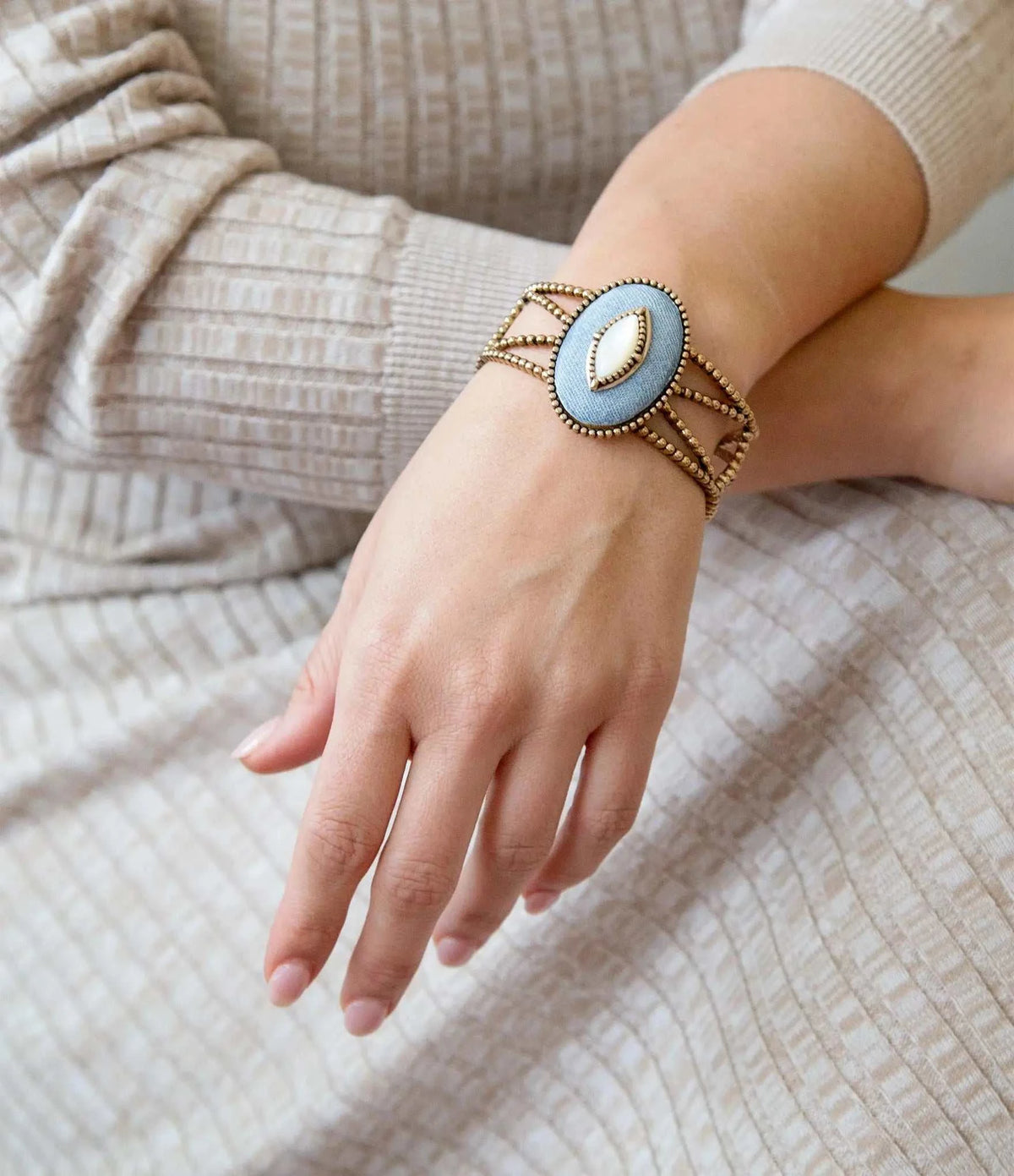 Blue Denim Dreams White Mother of Pearl Golden Cuff Bracelet - Maven Couture IncBracelets
