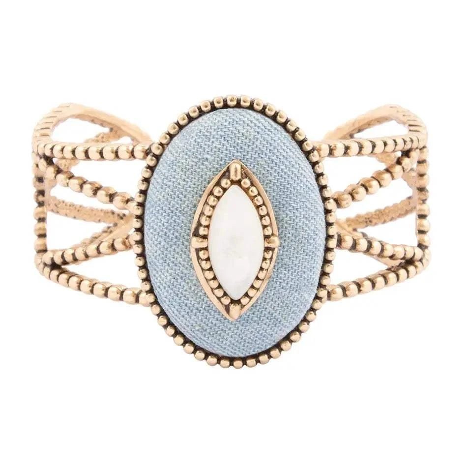 Blue Denim Dreams White Mother of Pearl Golden Cuff Bracelet - Maven Couture IncBracelets