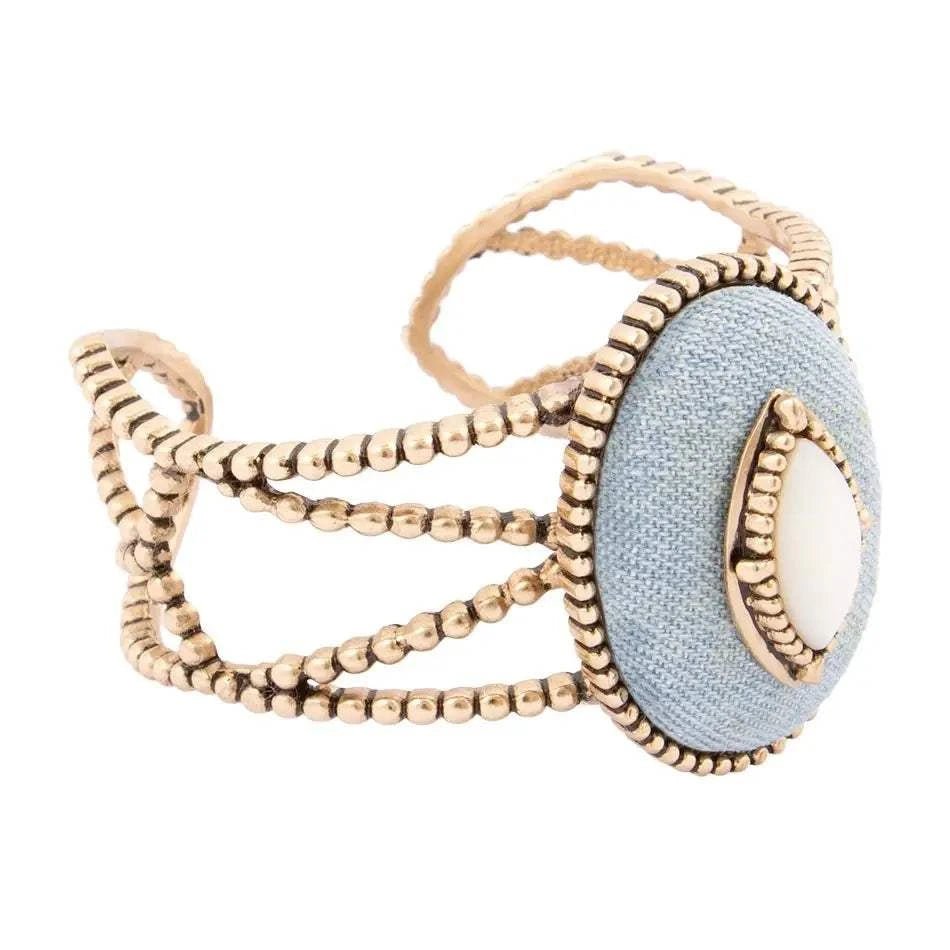 Blue Denim Dreams White Mother of Pearl Golden Cuff Bracelet - Maven Couture IncBracelets
